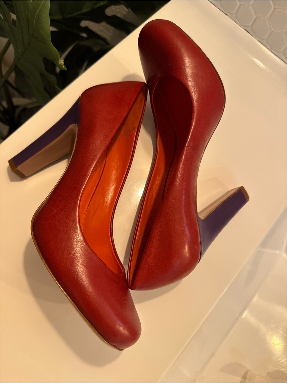 Elie Tahari Luxe Burnt Orange Harper Leather Pumps with Purple Accent $298